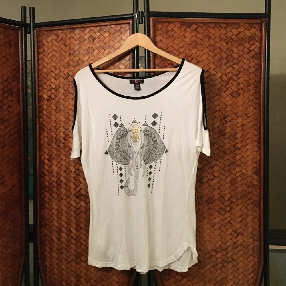 Vintage Y2K LAVA Elephant Graphic Tee M Medium Cold Shoulder Tribal Art